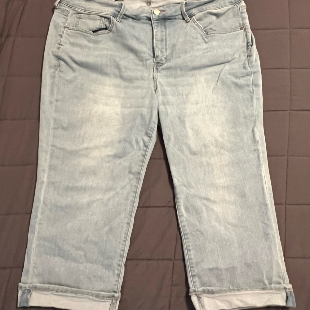 NYDJ crop, cuffed, soft denim, light, and blue stretchy